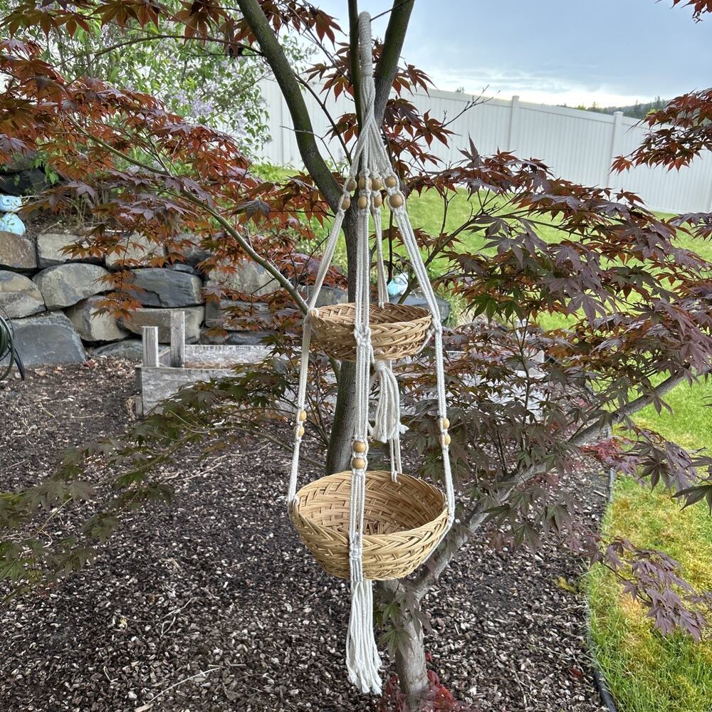 Boho 2 Tier Woven Hanging Basket Macrame Wood Bead Fruit Planter Storage Decor